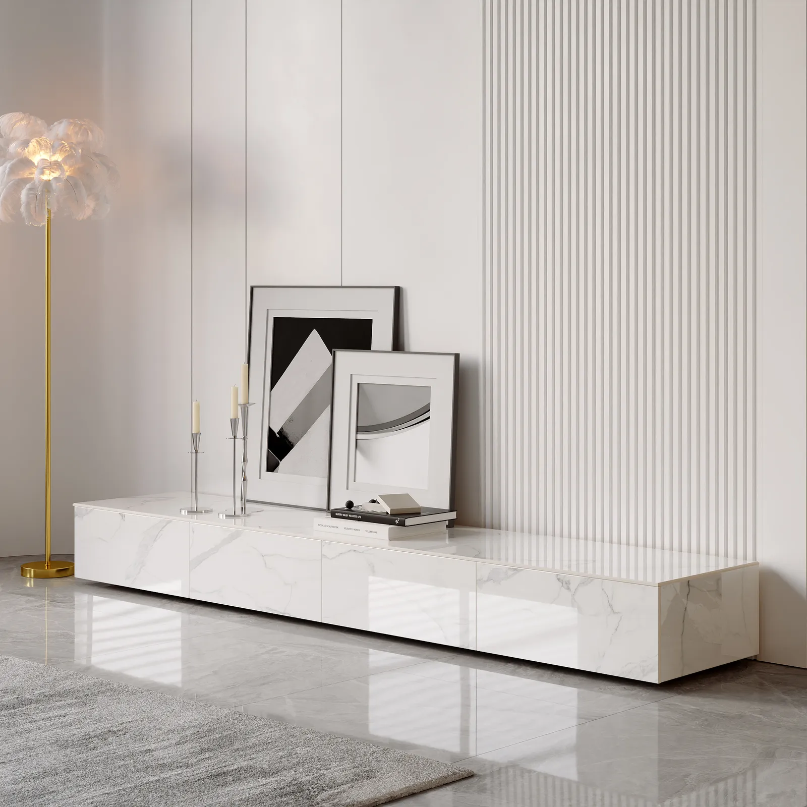 200 cm White TV Stand Faux Marble with Storage