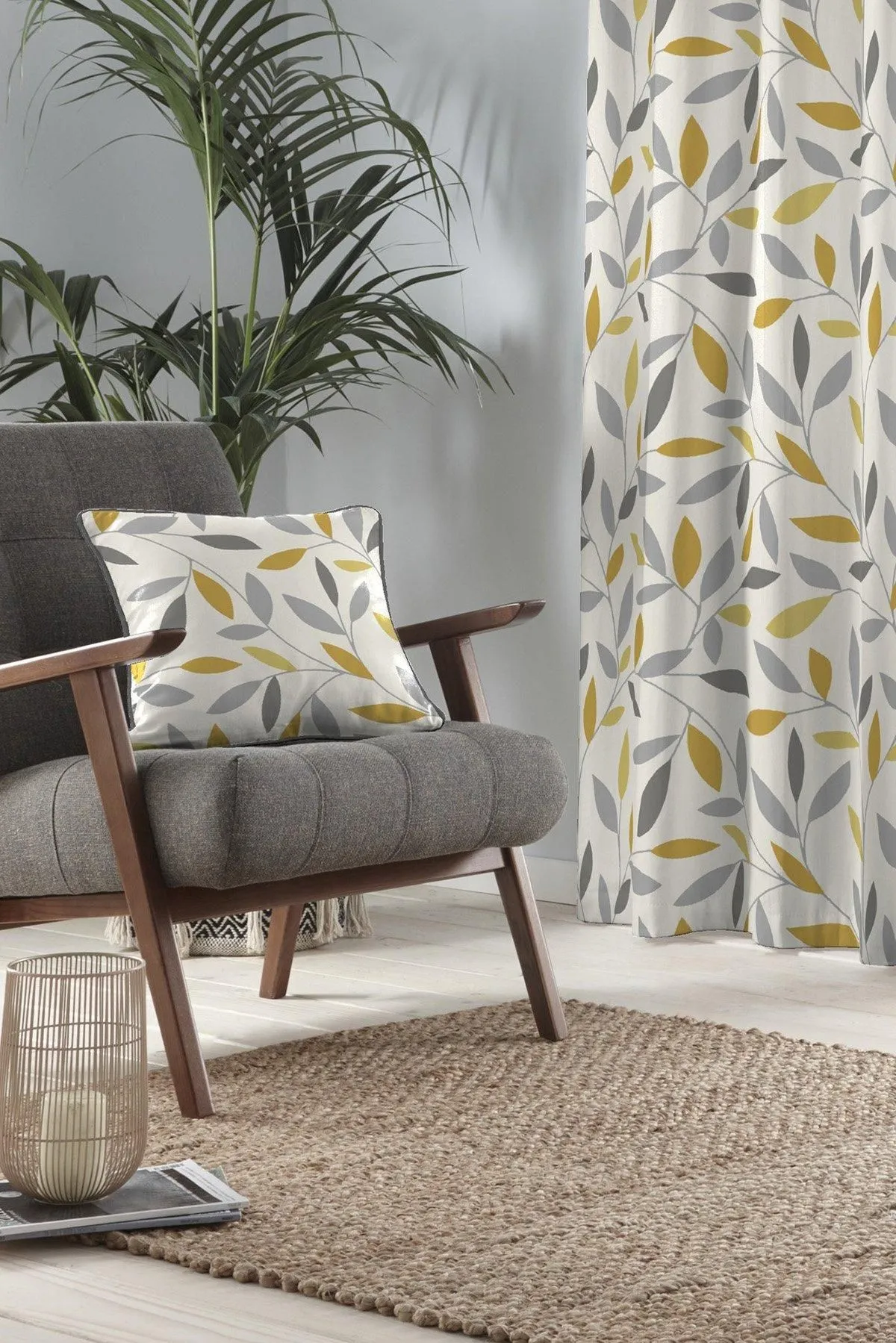 Fusion 'Beechwood' Classic Leaf Trail Print 100% Cotton Filled Cushion in Mustard 2
