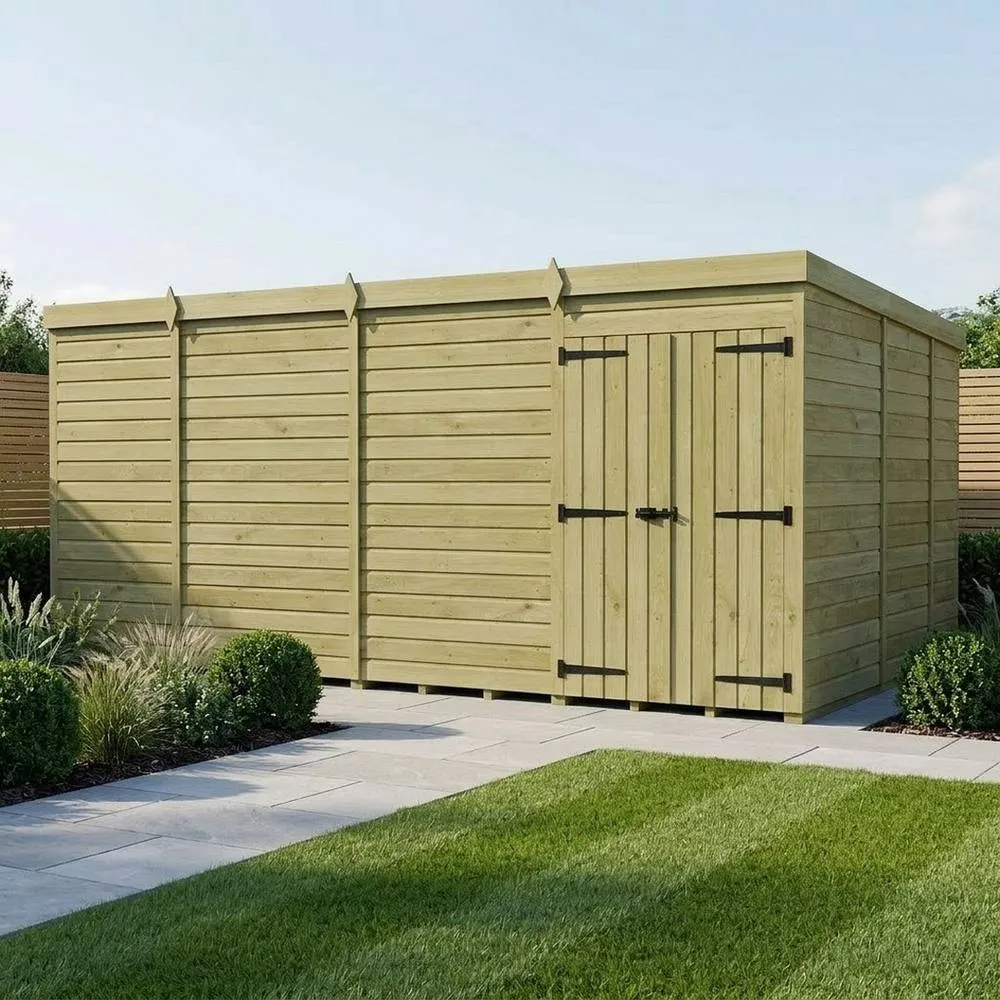Buttercup Farm 15ft x 9ft Pent Garden Shed Double Door No Windows - Timber in Brown 2