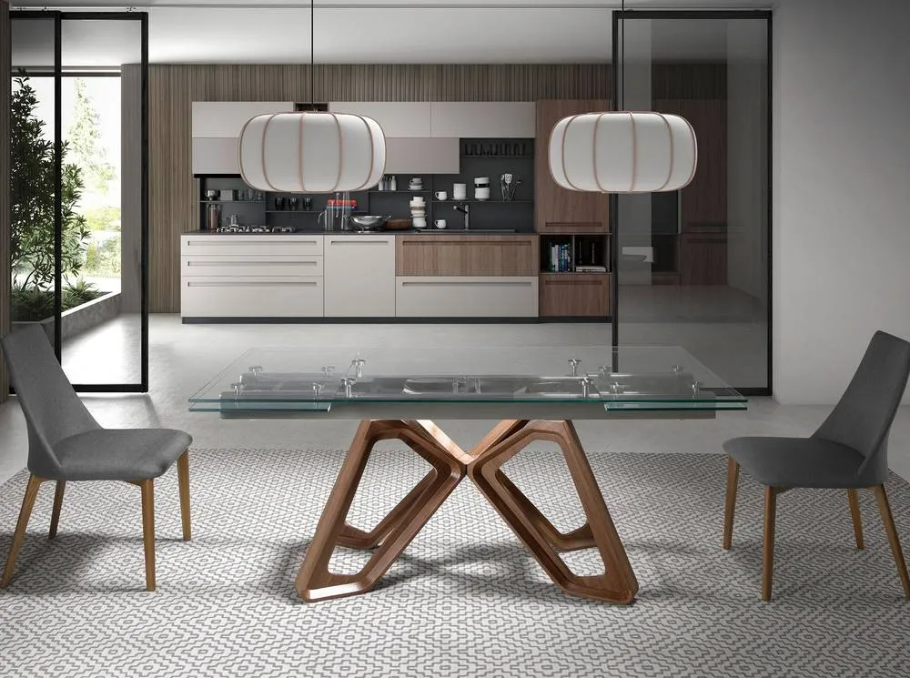 Angel Cerda Rectangular Extending Dining Table Tempered Glass Top in Walnut 3