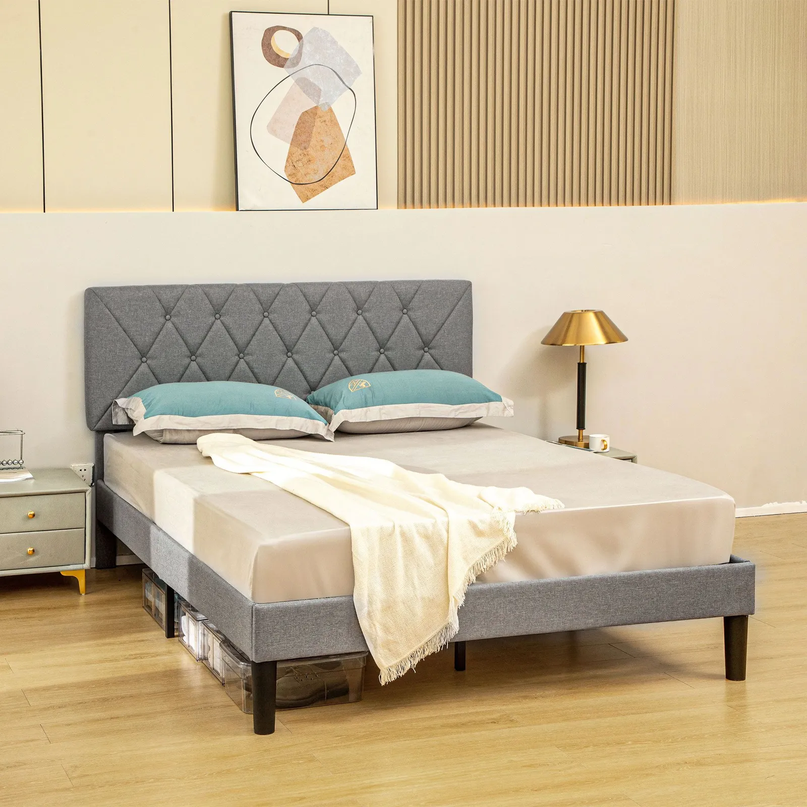 HOMCOM Linen Bed Frame with 5-Level Headboard, Wooden Slats Mattress Foundation in Grey 2
