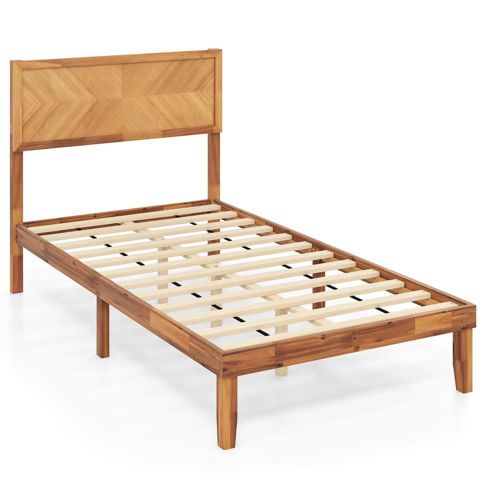 Costway Single Size Bed Frame Acacia Wood Platform Bed w/Headboard in Natural