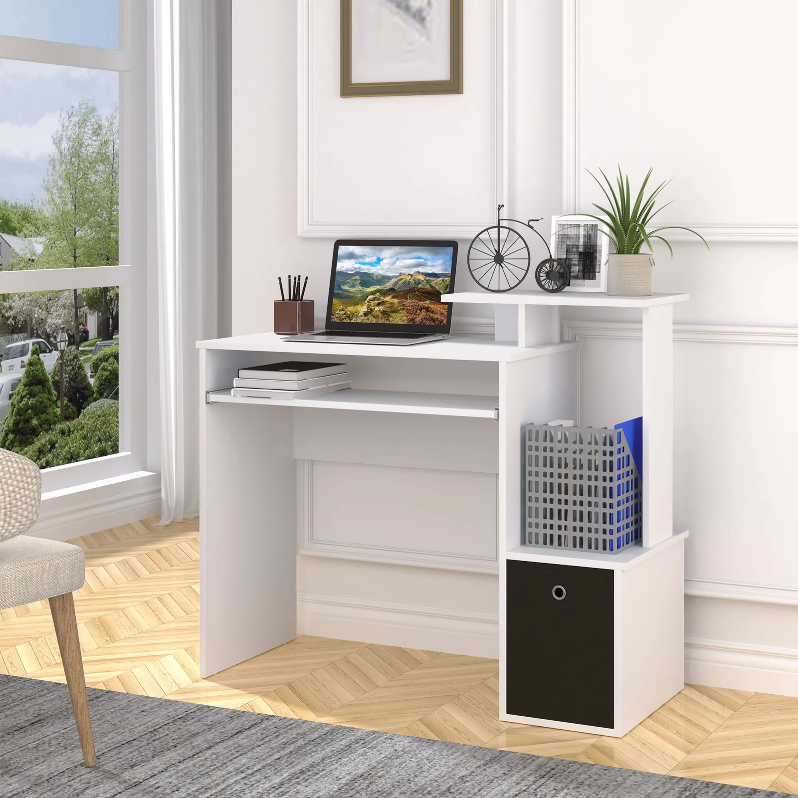 HOMCOM Computer Desk with Sliding Keyboard Tray Storage Drawer Shelf in White