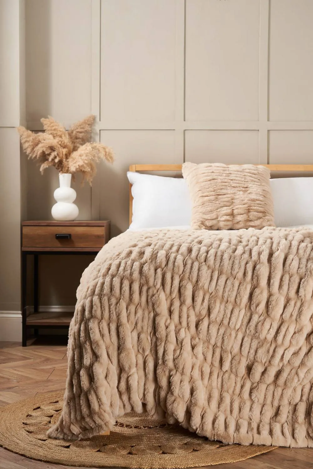 BHS Ruched Faux Fur Throw in Beige