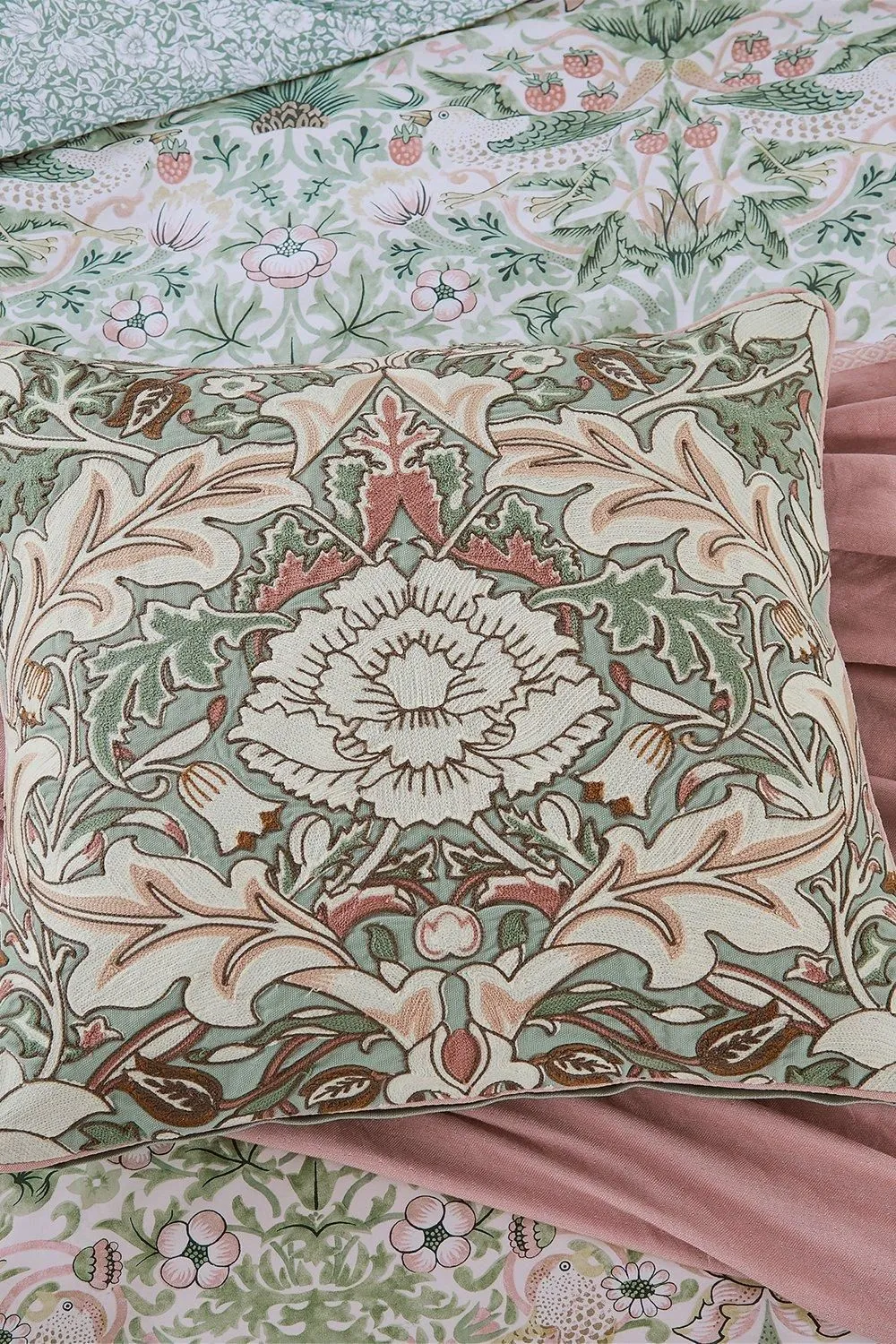 Morris & Co 'Strawberry Thief - Severne' Cushion 50X50cm in Light Pink 2