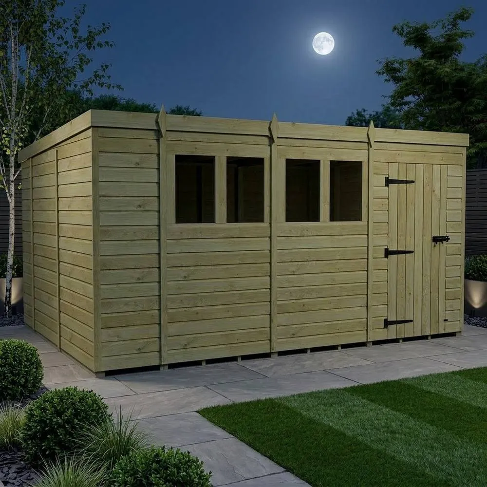 Buttercup Farm 14ft x 10ft Pent Garden Shed Single Door With Windows - Timber in Brown 3