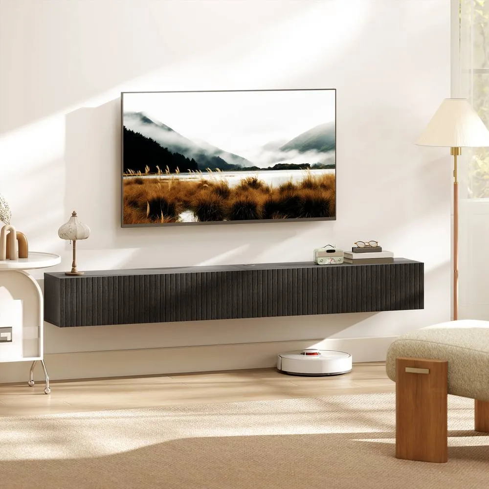 HOMCOM Wall Mount TV Stand Cabinet with Fluted Flip-Down Doors in Black