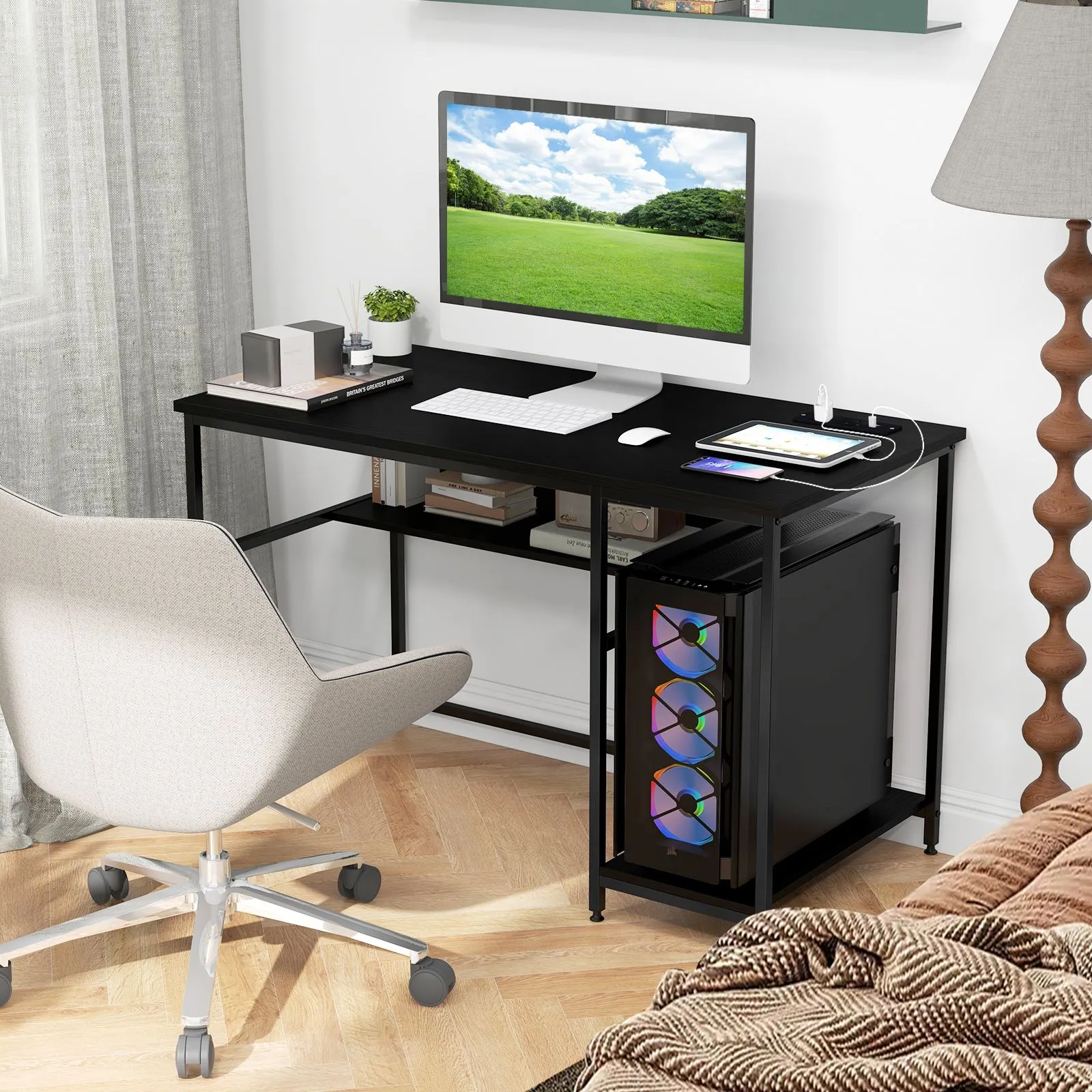 Costway 120CM Computer Desk with Power Outlet & Shelf Home Office Studying Table in Black 3