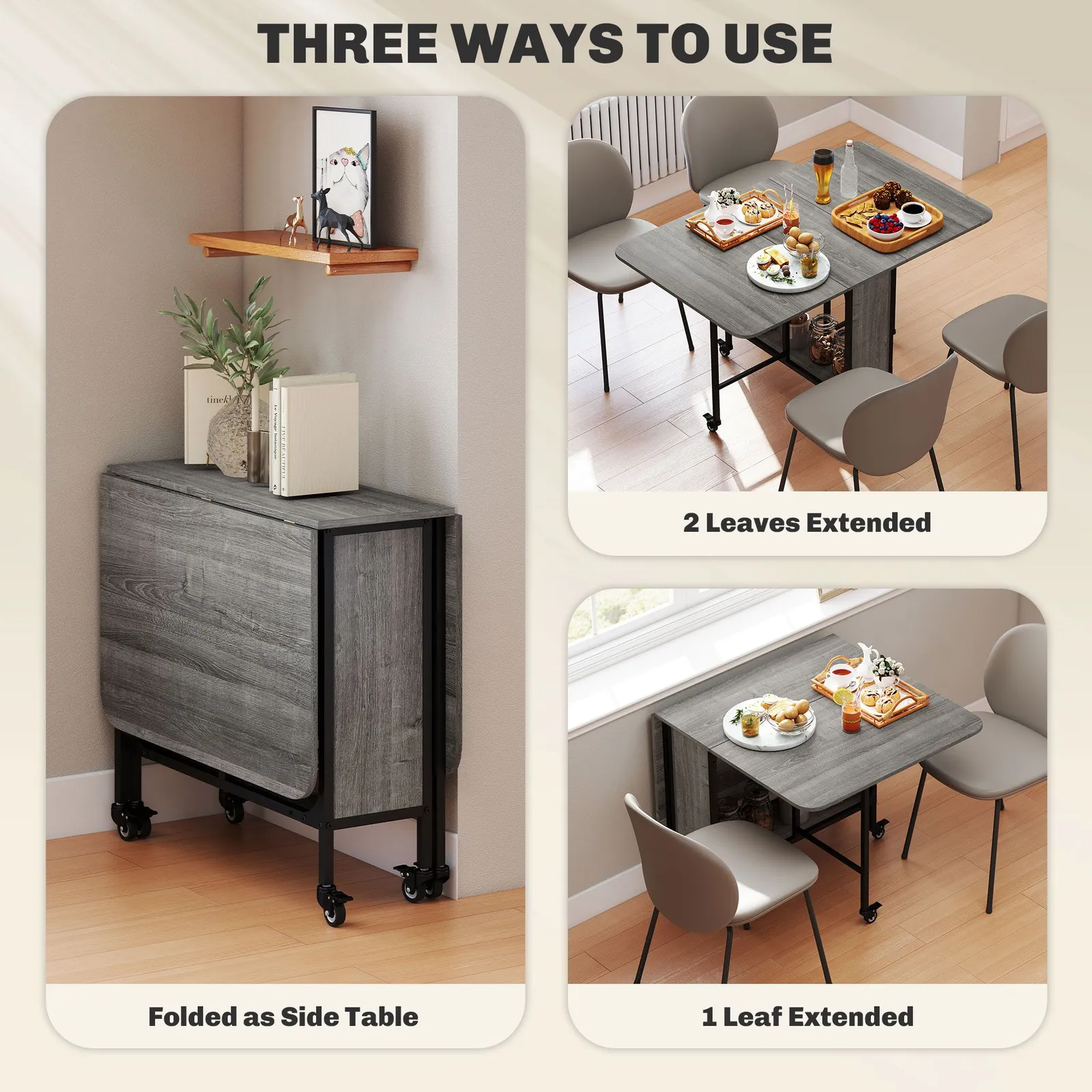 HOMCOM Mobile Drop Leaf Dining Table on Wheels with Storage Shelf in Grey 4