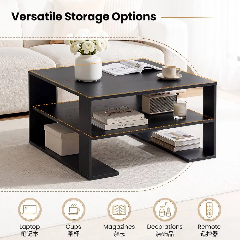 Costway Square Coffee Table Modern Compact Center Table with Open Shelf in Black 6