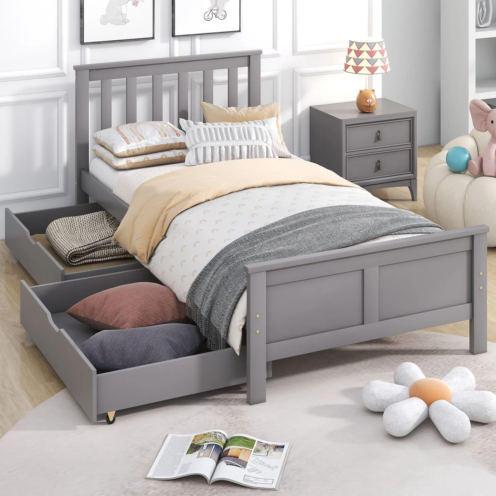 Matteo Wooden Solid Gray Pine Storage Bed With Drawers Bed Furniture Frame For Adults in Grey