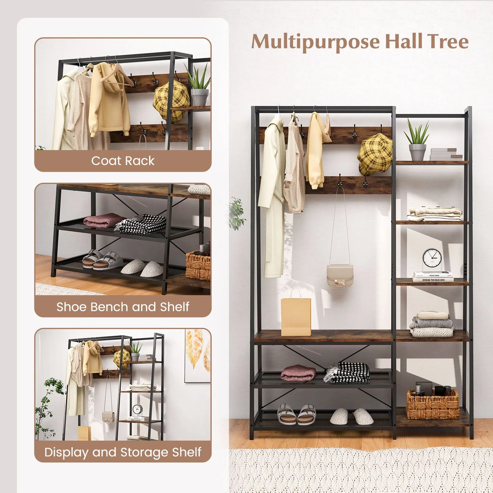 Costway Hall Tree with Storage Bench Industrial Coat Rack Shoe Bench with 9 Hooks in Brown 6