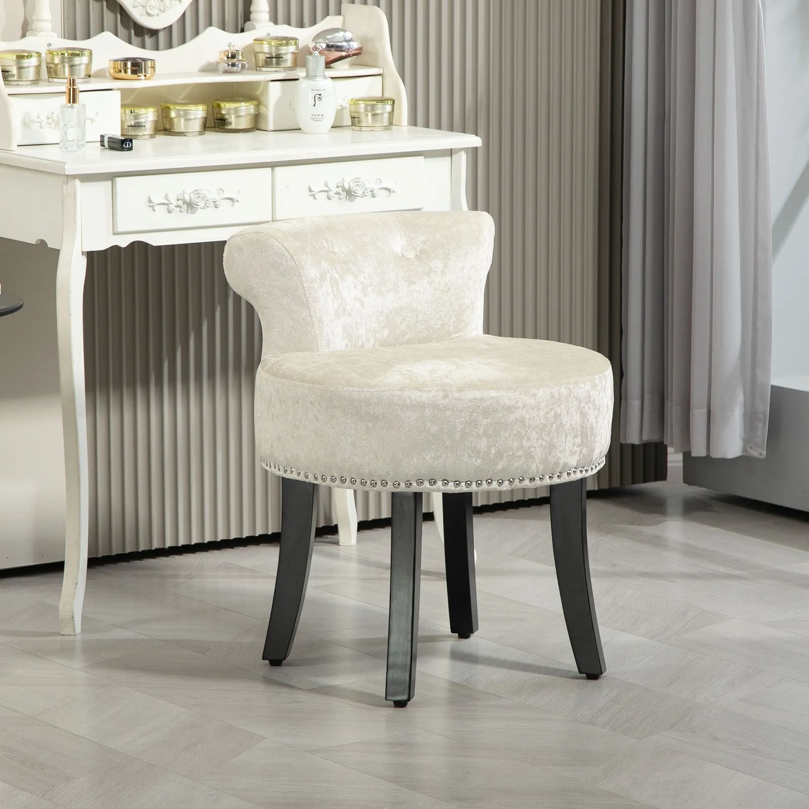 HOMCOM Dressing Table Stool Vanity Seat w/ Rubber Wood Legs Bedroom - Beige