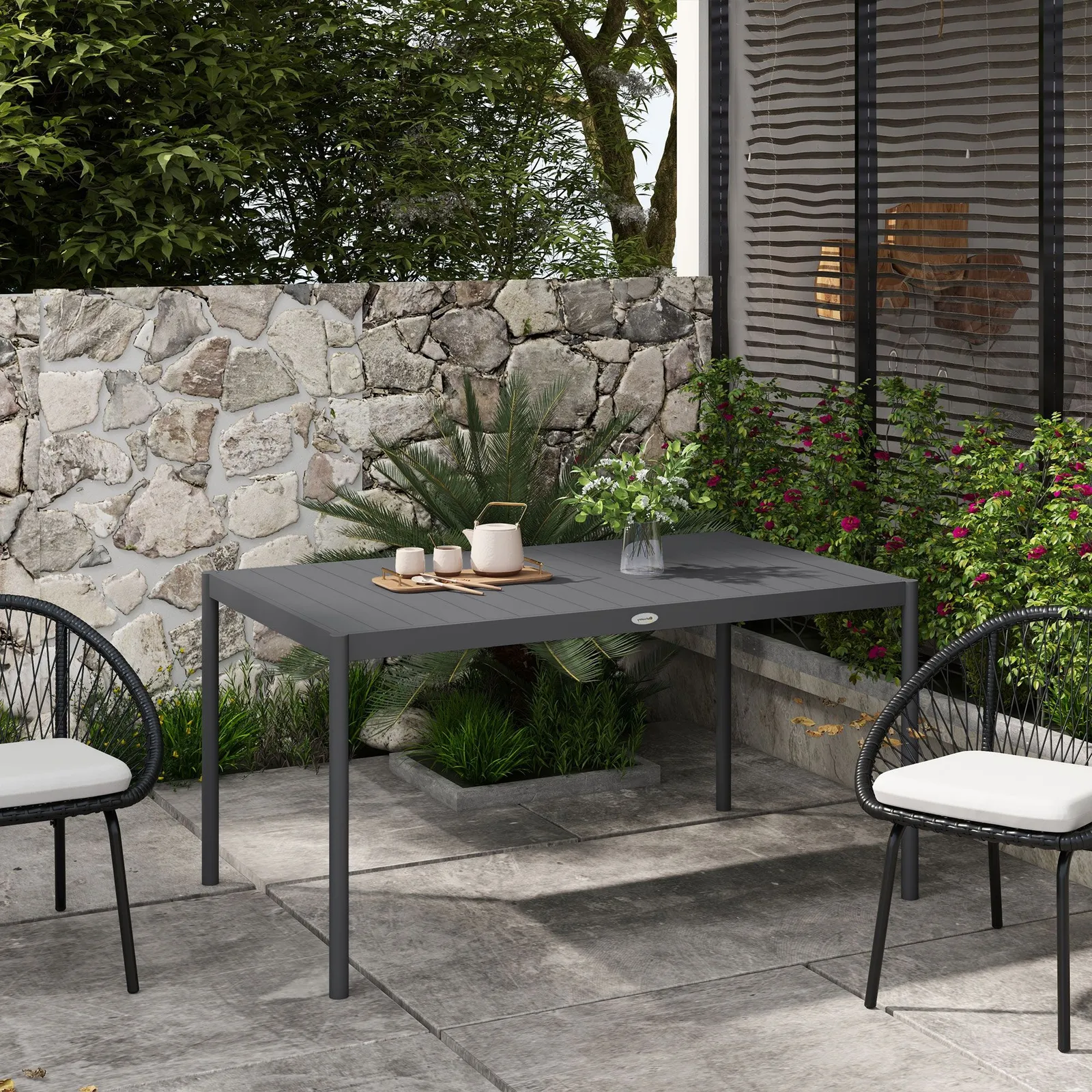 OUTSUNNY 57" Garden Table with Aluminium Frame, Slatted Design in Dark Grey