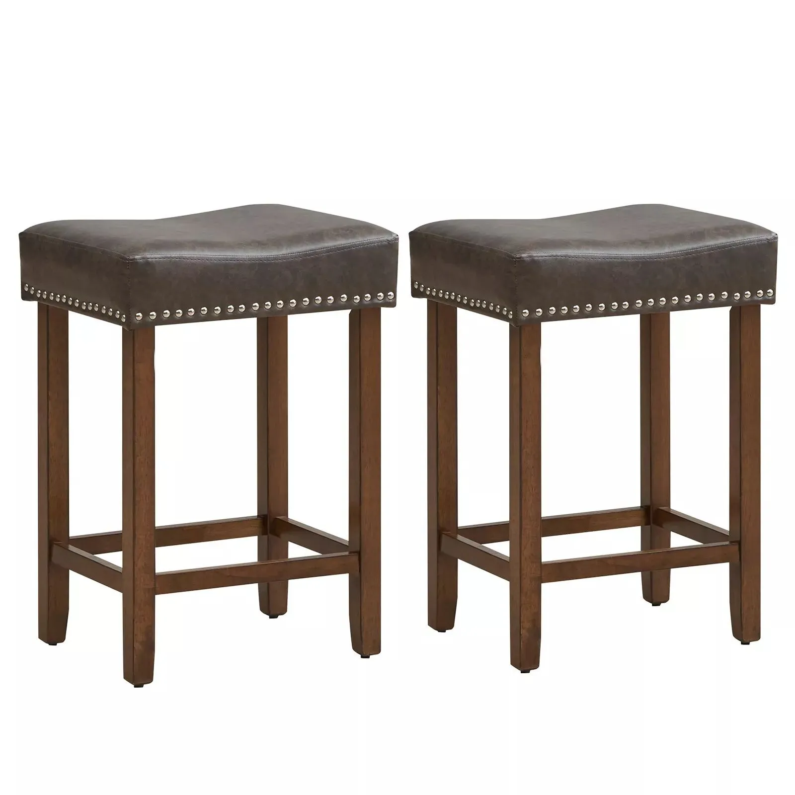Costway Set of 2 Bar Stools Upholstered Counter Height Saddle Stools PU Leather 60cm in Grey