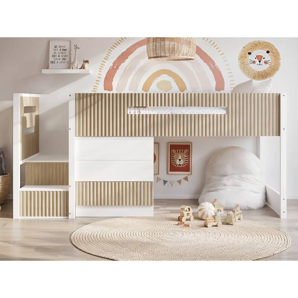 Flair Luca Ribbed Mid Sleeper with 3 Drawer Chest in Light Oak