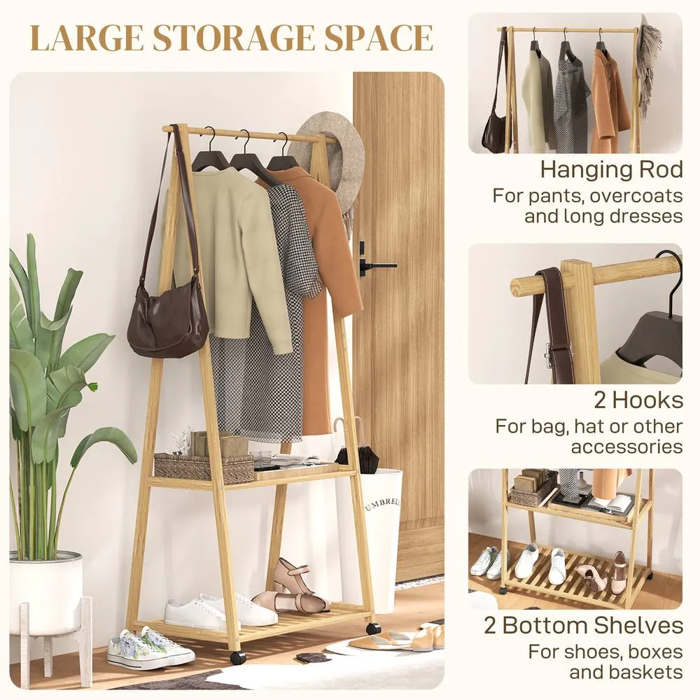 HOMCOM Bamboo Clothes Rail Rack with 2 Storage Shelves, Natural Wood Effect 4