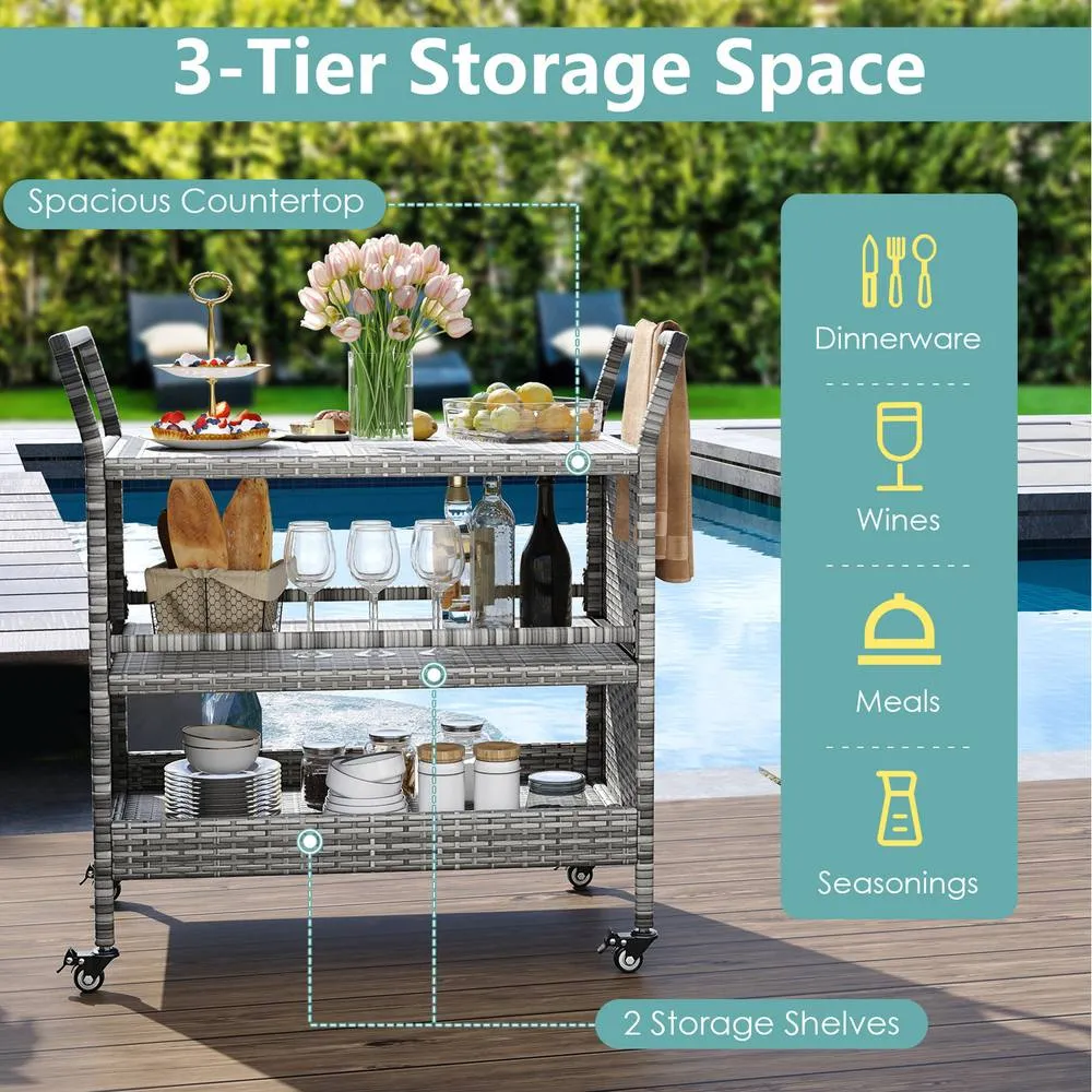 Costway Outdoor Bar Cart 3-Tier Patio Rattan Storage Wheels in Grey 4