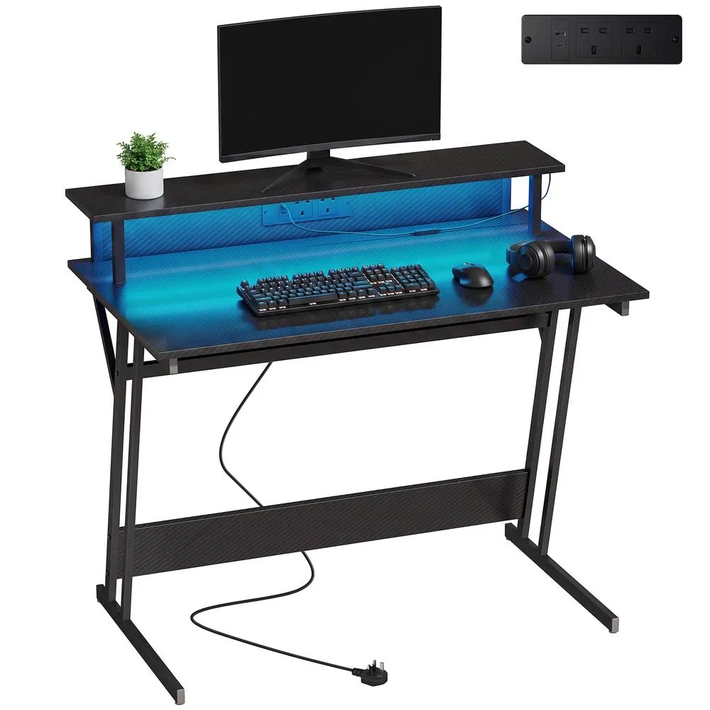 HOMCOM LED Gaming Desk with Power Outlets & Monitor Stand 100 x 60cm Black