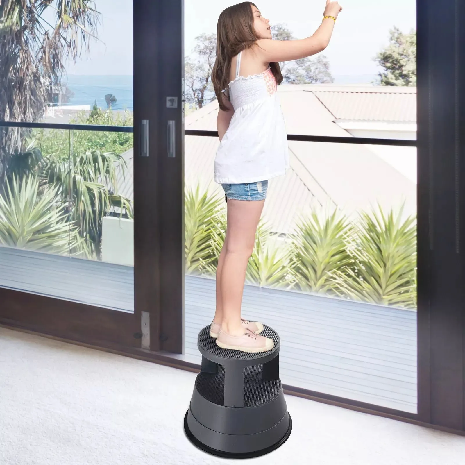 Costway Step Stool Roller Stool with Casters & Non-slip Rubber Band 150kg Large Capacity in Black 4