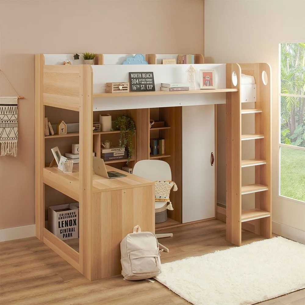 Flair Ava High Sleeper Bed with Desk, Wardrobe & Storage in Light Oak
