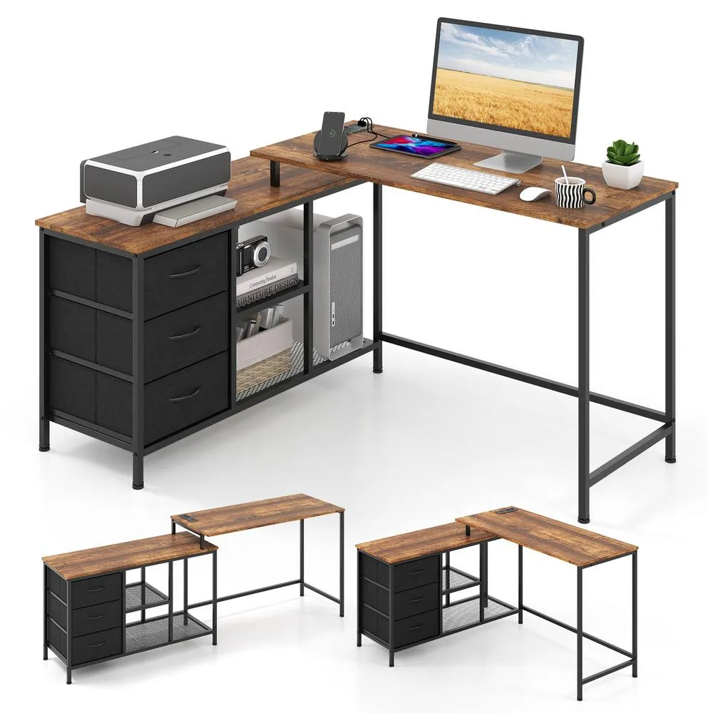 Costway L-Shaped Computer Desk Convertible Home Office Table with 3 Drawers in Brown 4