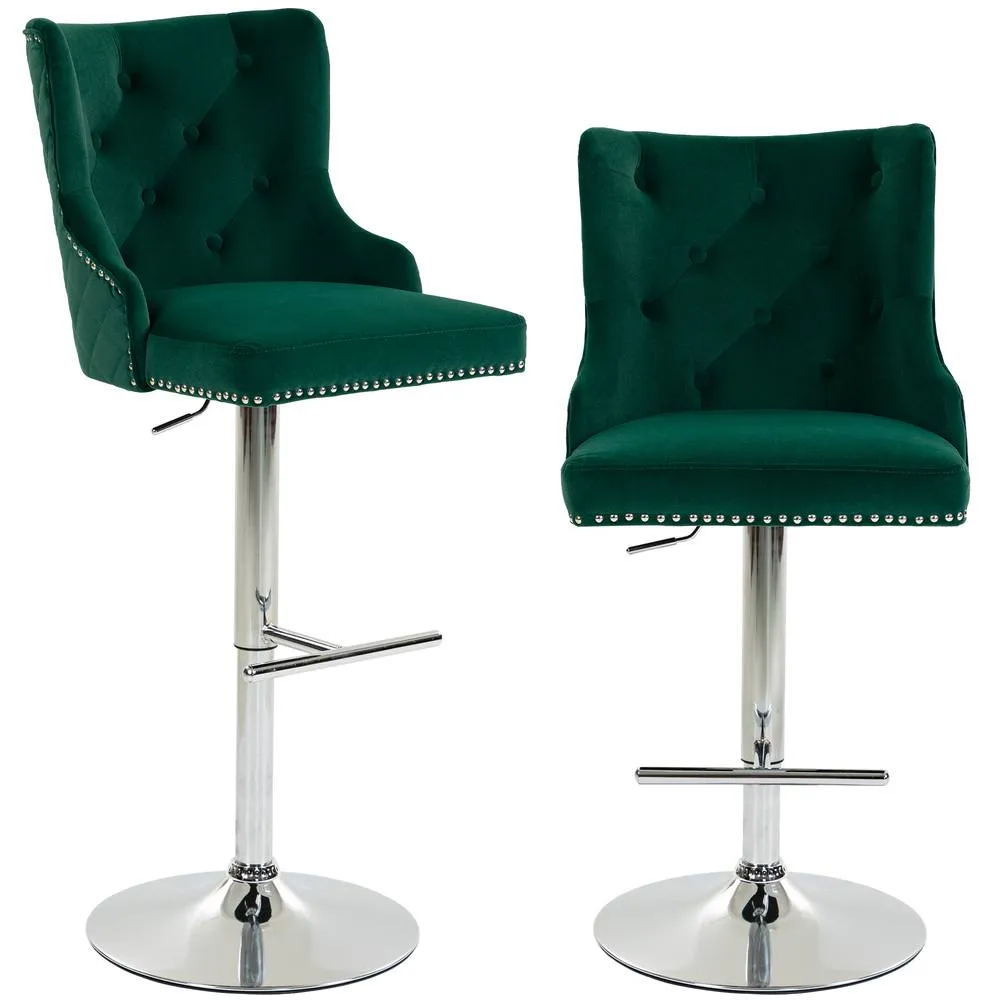 HOMCOM Bar Stools Set of 2, Swivel Velvet Barstools with Footrest, Green in Dark Green