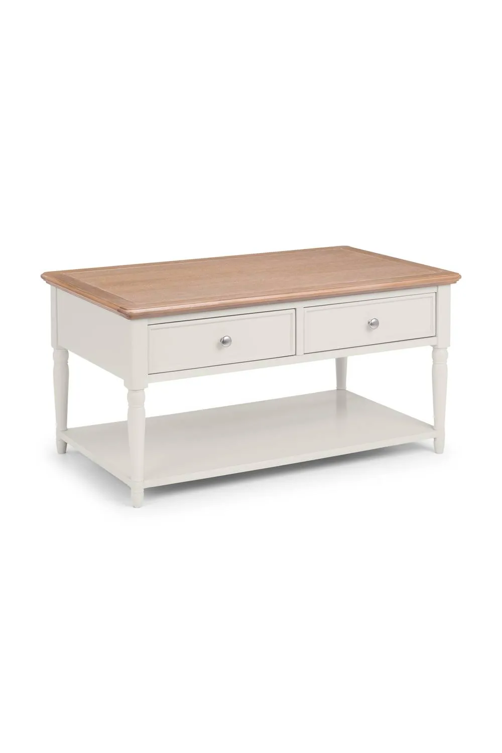 Julian Bowen Provence 2 Drawer Coffee Table with Shelf in Light Grey 2