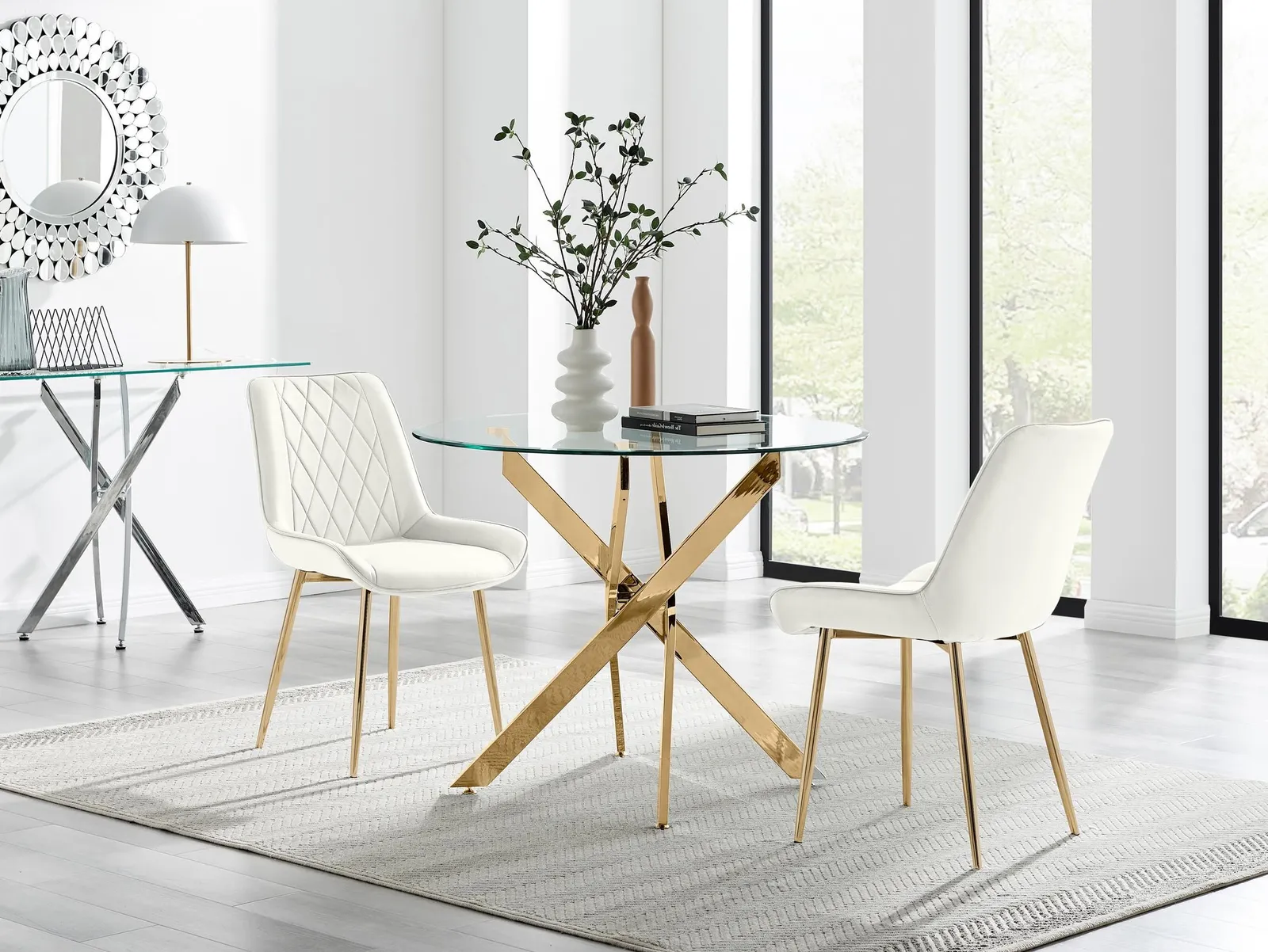FurnitureboxUK Novara 100cm Round Gold Leg Dining Table & 2 Pesaro Gold Leg Chairs in Cream