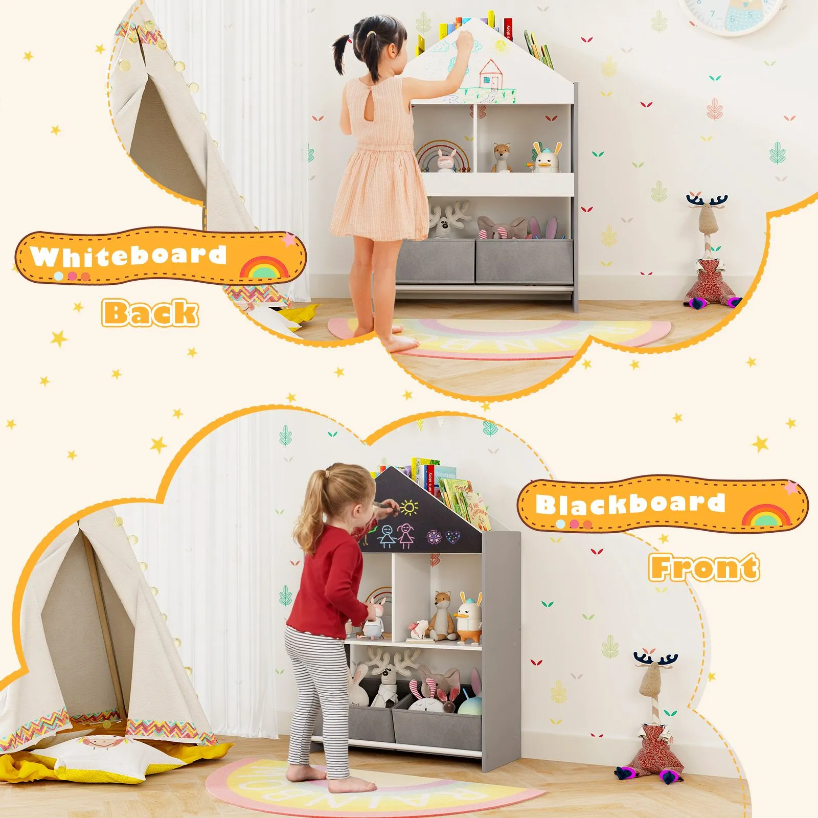 Costway Dollhouse Bookshelf Wooden Toy Storage Organizer with Writable Chalkboard in Grey 5
