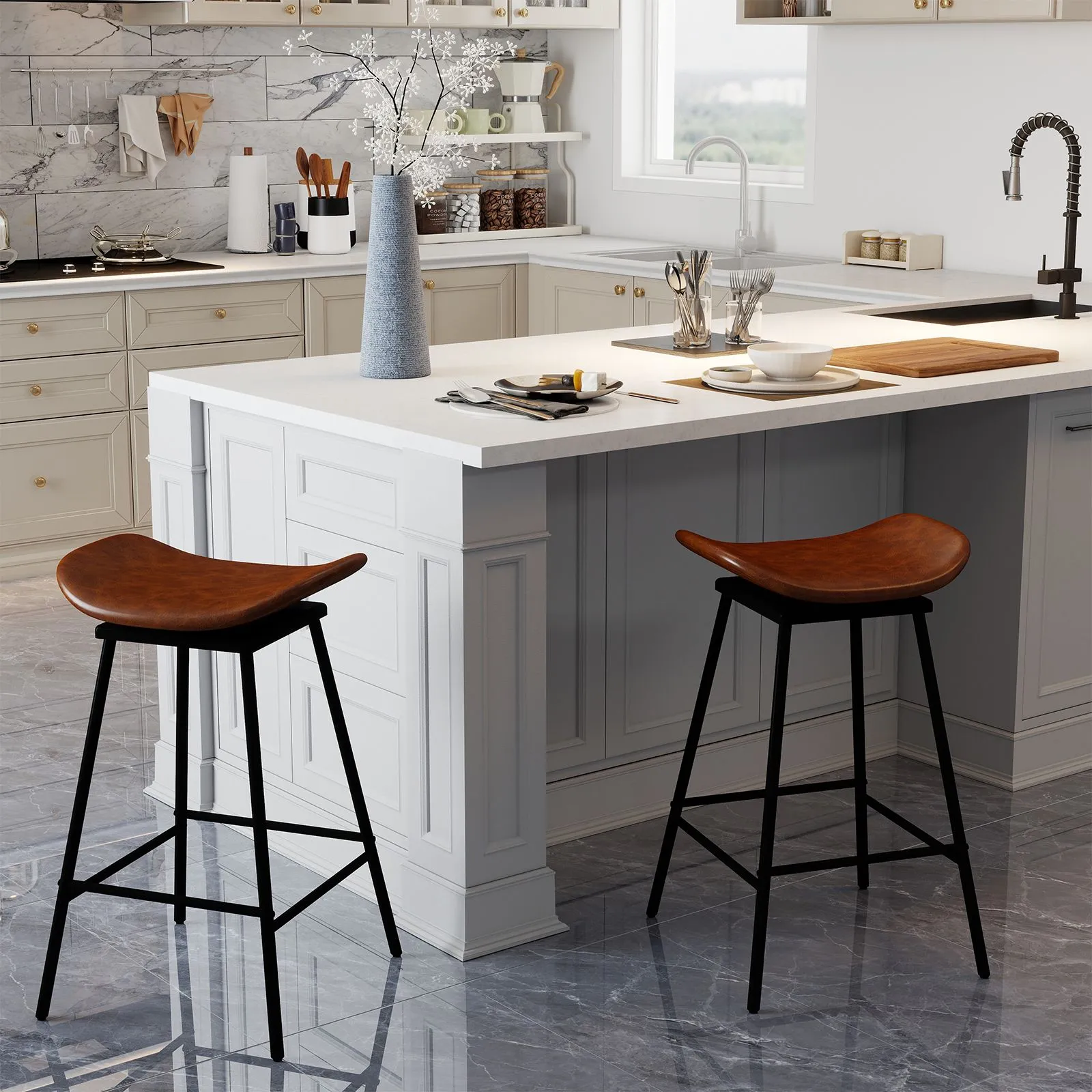 Costway Swivel Barstools Set of 2 Faux Leather Upholstered Backless Bar in Brown 4