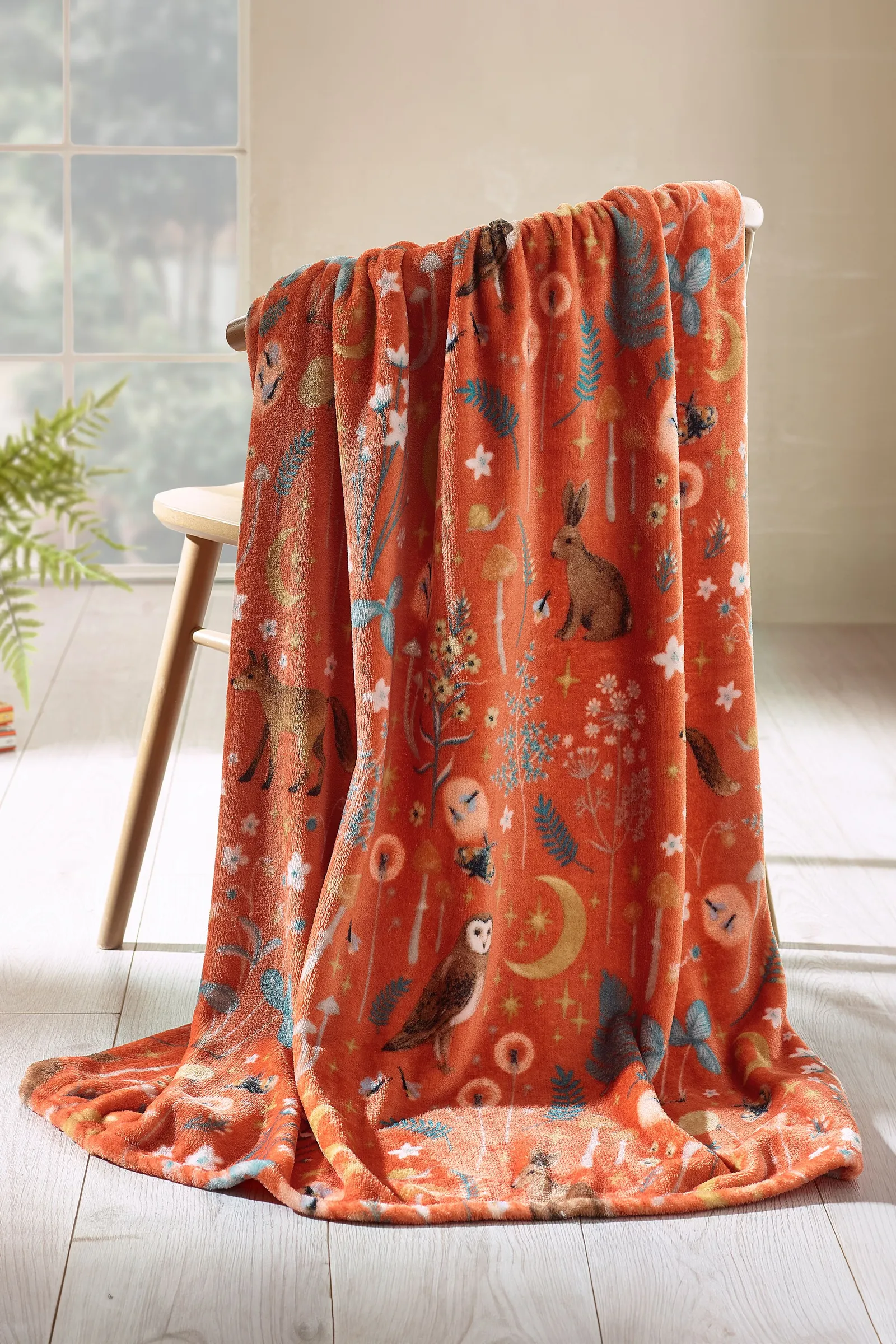 Catherine Lansfield 'Enchanted Twilight Animals' Cosy Fleece Blanket Throw in Burnt Orange
