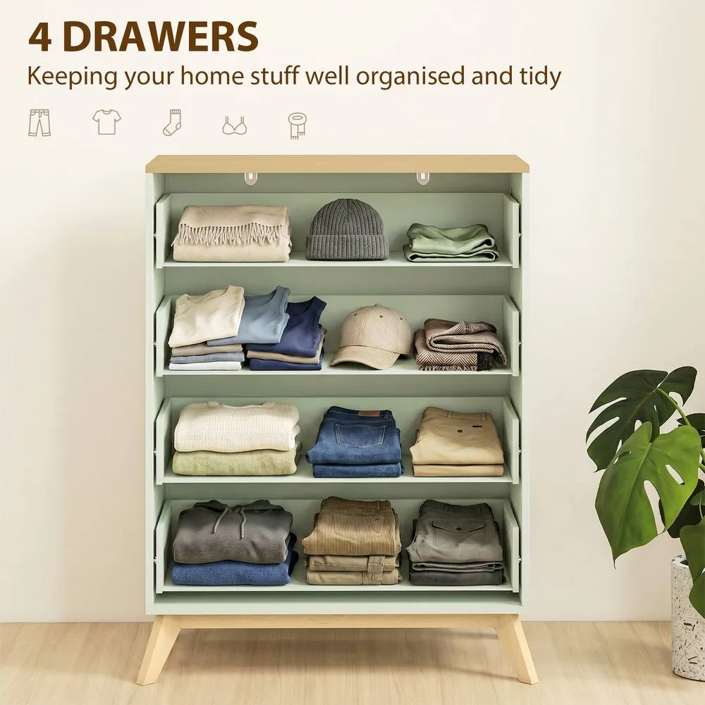 HOMCOM Chest of Drawers, 4 Drawer Storage Cabinet, Light Green & Oak 4