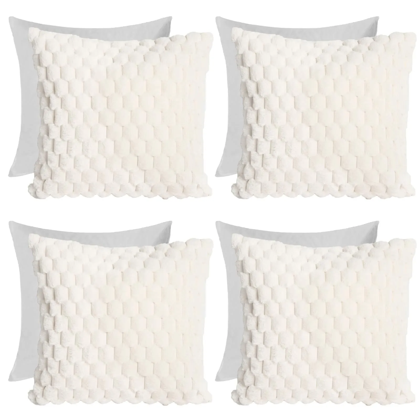 OHS 4 Pack Waffle Faux Fur Filled Cushion Covers - 45 x 45cm in Cream