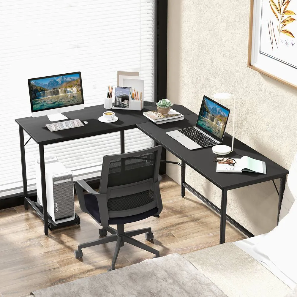 Costway L Shaped Home Office Desk Computer Corner Desk Gaming Table with CPU Stand in Black 5