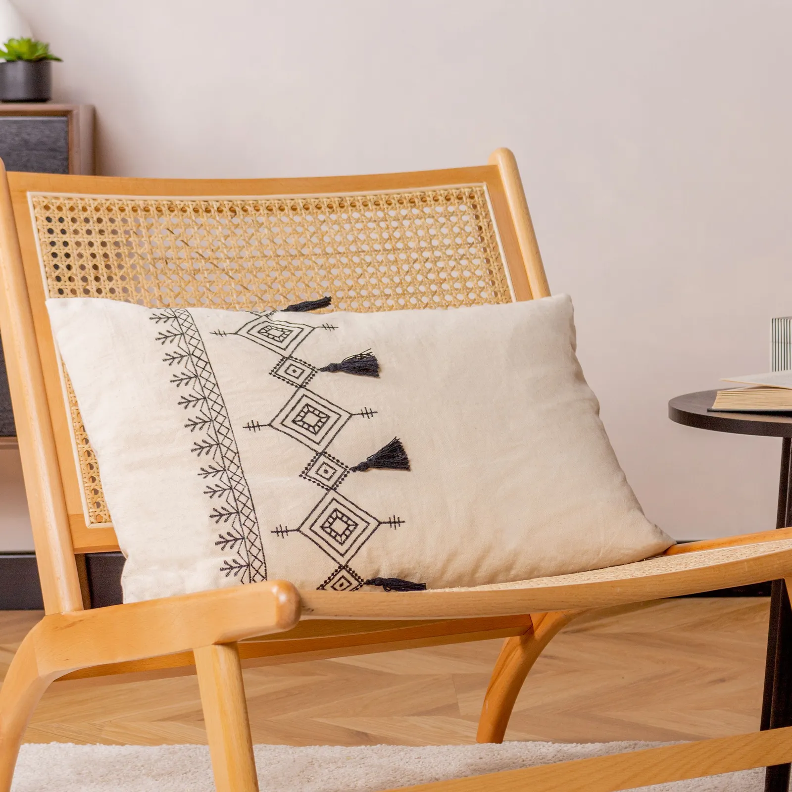 Furn Pritta 100% Cotton Embroidered Tasselled Cushion in Natural
