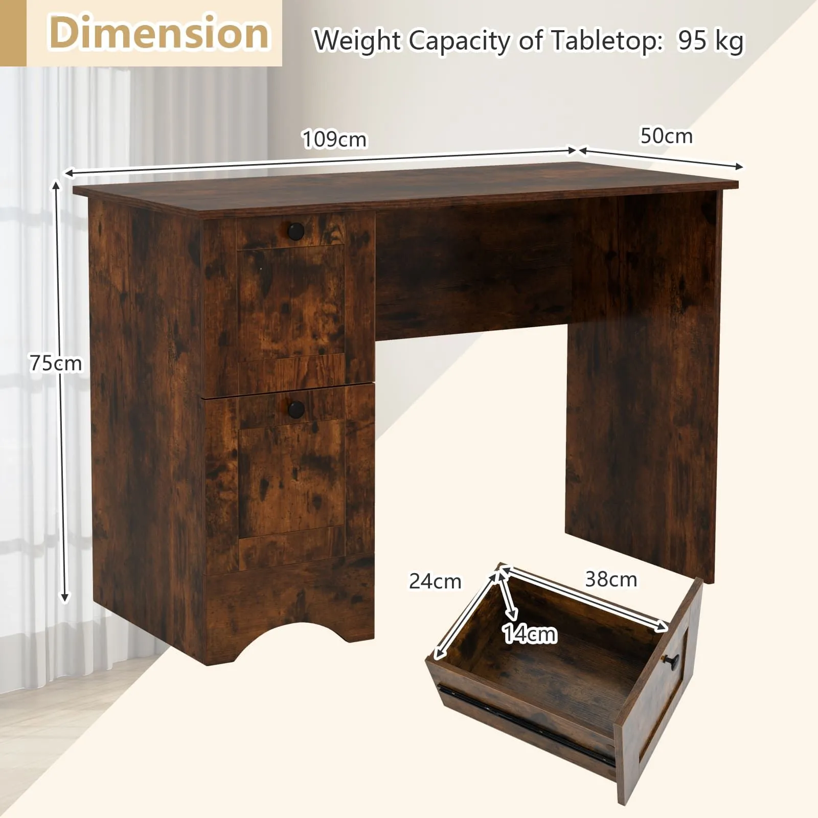 Costway Computer Desk Home Office Writing Study Desk with 2 Drawers-Brown in Brown 2