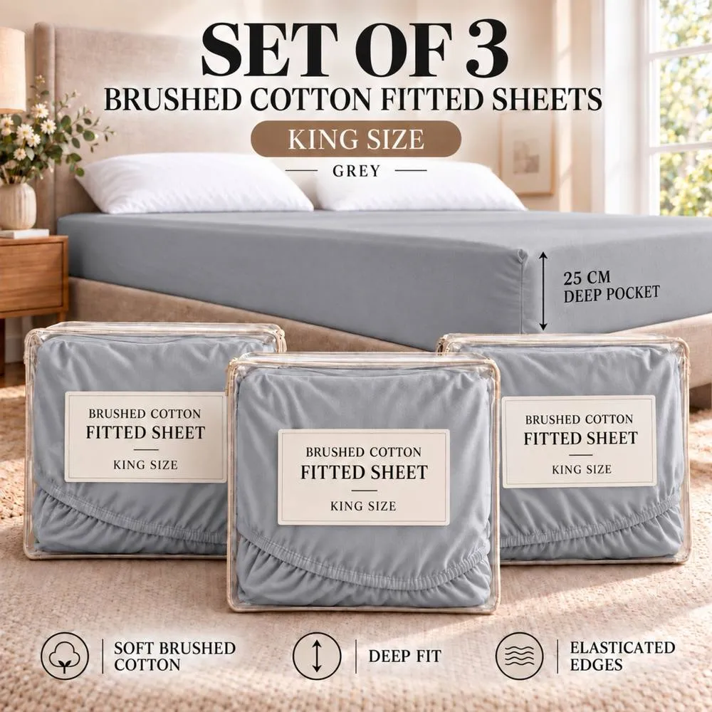 Smart Living 3 Pack 100% Brushed Cotton Fitted Sheets 25cm Deep in Grey 2