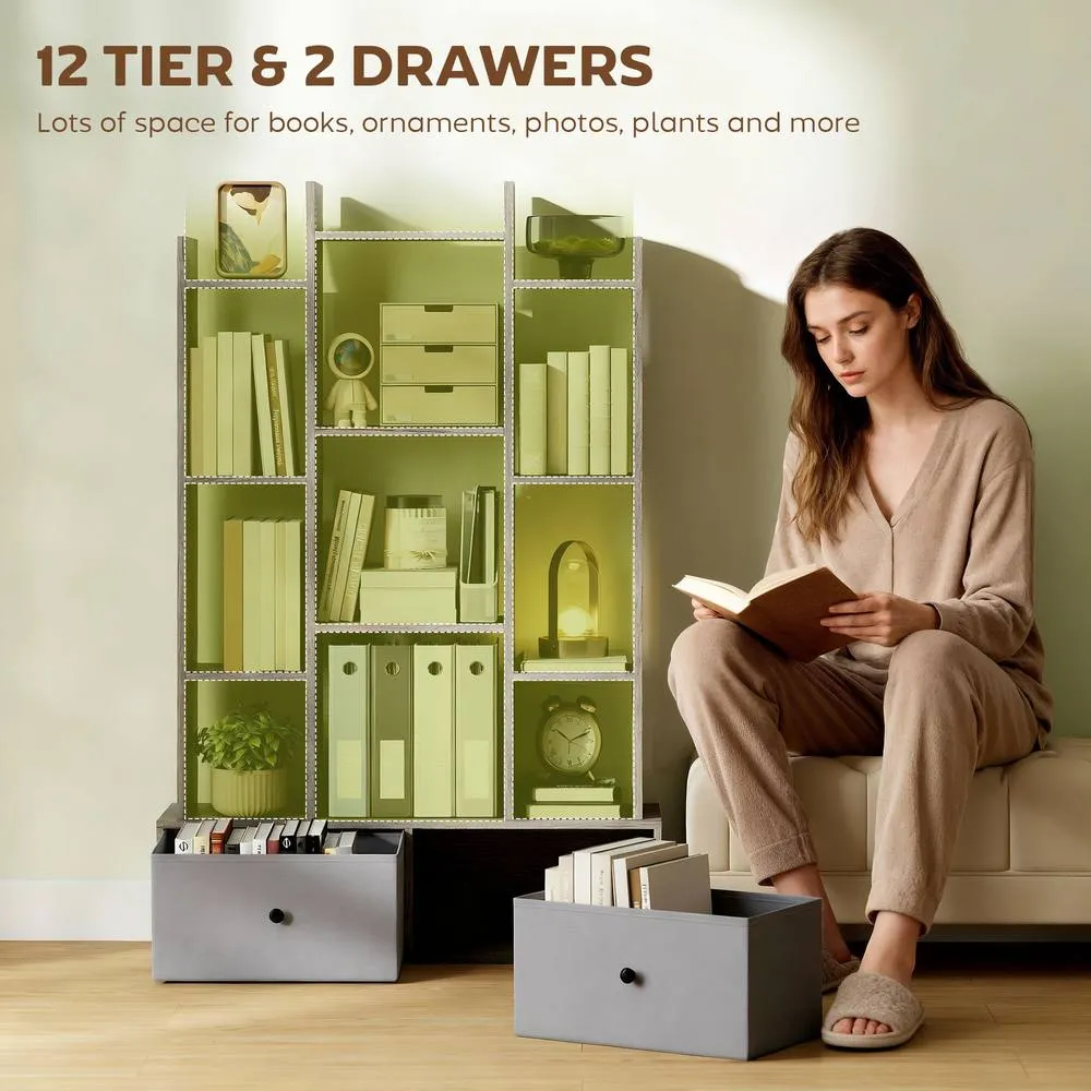 HOMCOM 12-Tier Bookshelf, Bookcase w/ 2 Folding Drawer, Graphite Wood Effect in Grey 4