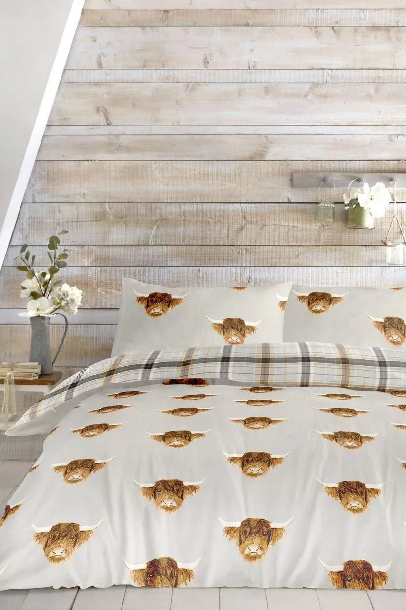 Fusion 'Highland Cow' Print With Tartan Reverse Duvet Cover Set in Mustard