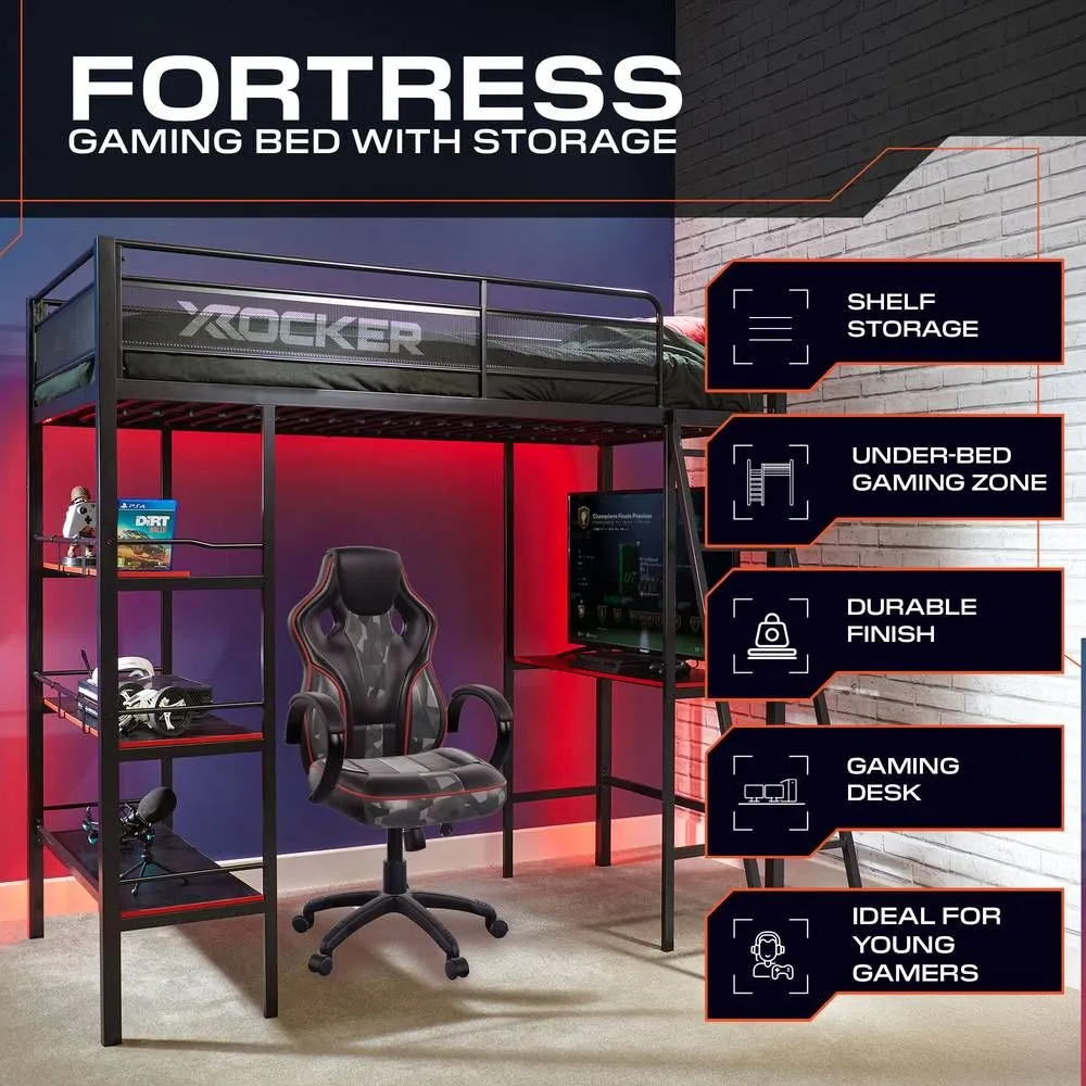 X Rocker Fortress High Sleeper Bunk Bed with 3 Shelves & Desk in Black 2