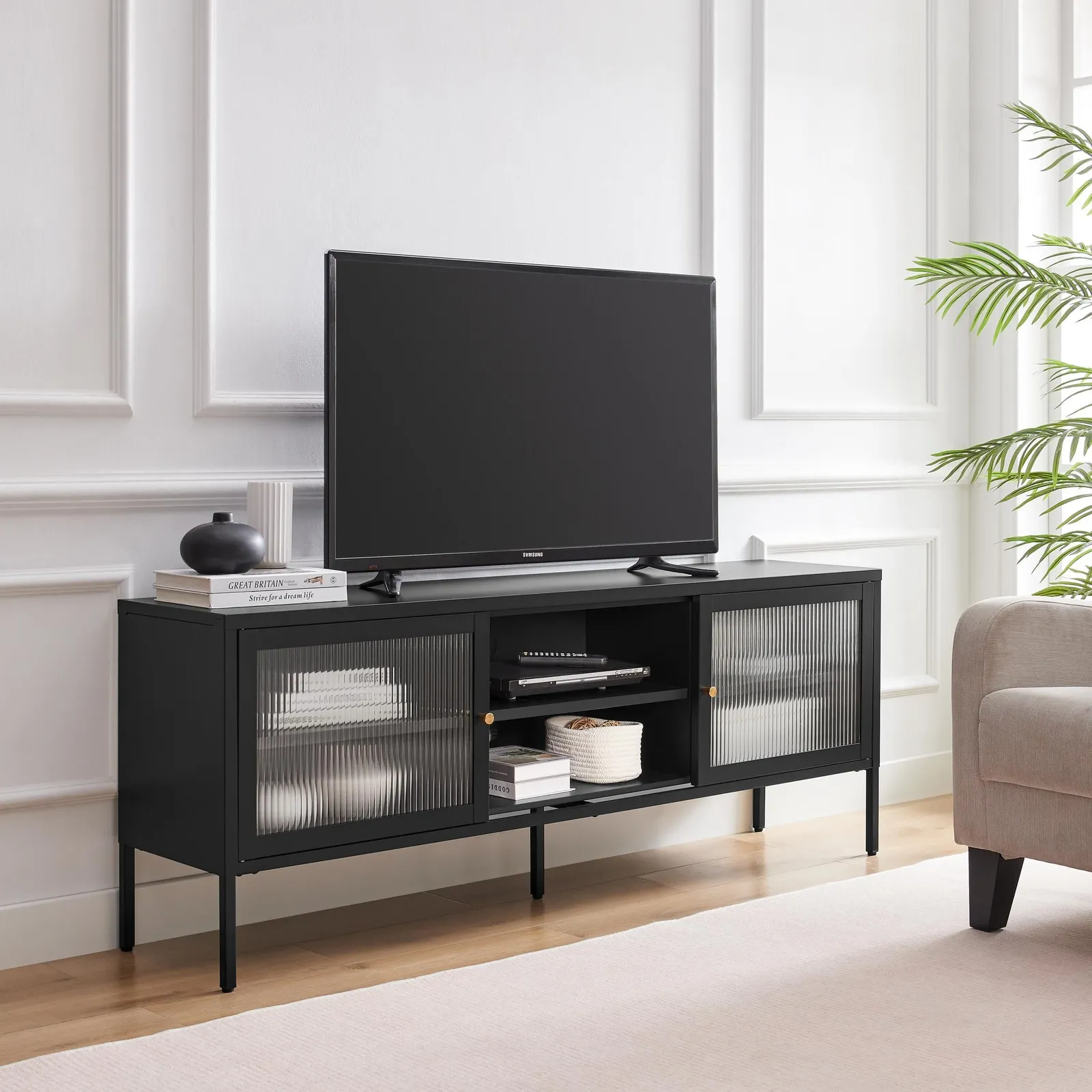 FurnitureboxUK Kafe Black Metal TV Sideboard With 6 Compartments
