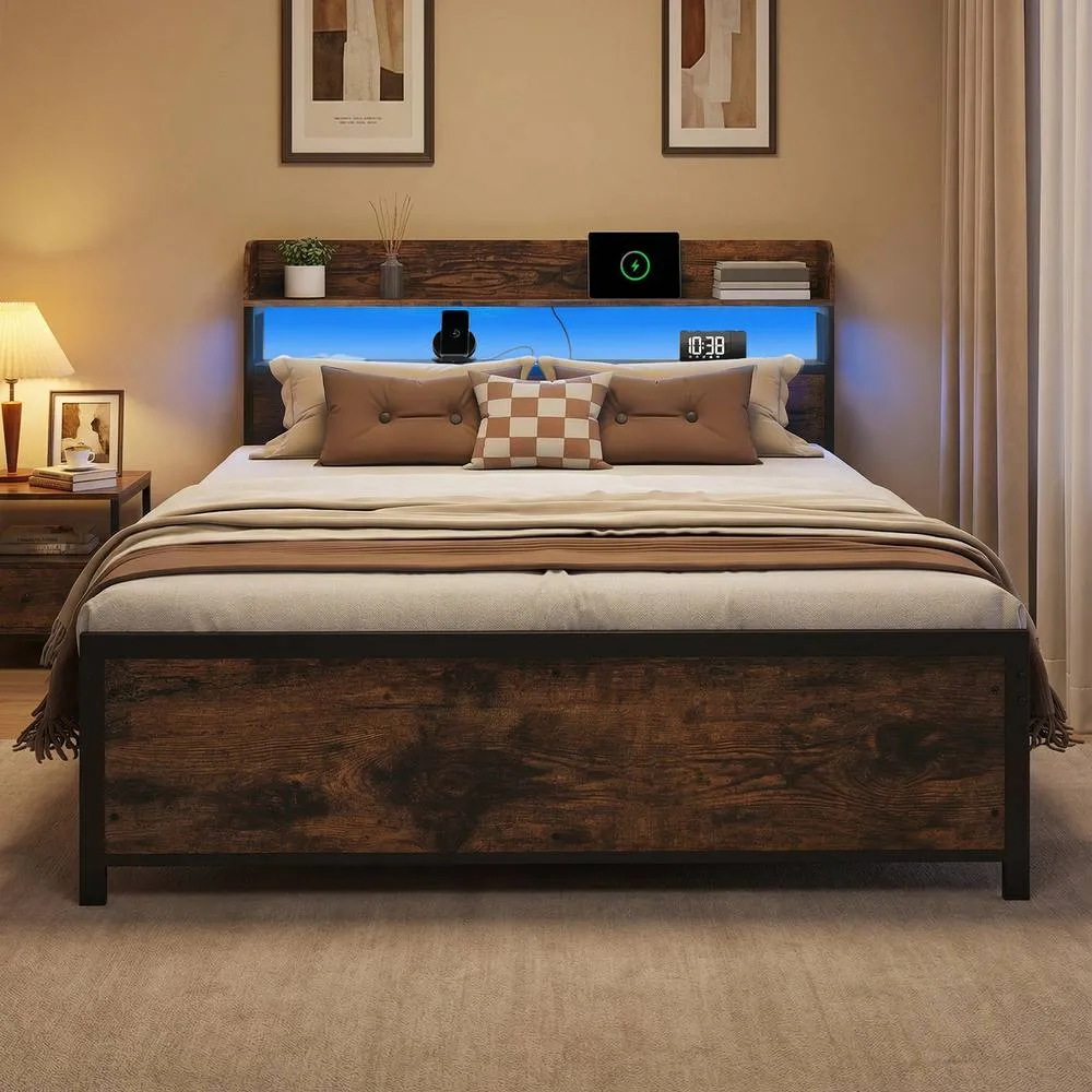 Costway King Size Platform Bed Bed Frame with LED Lights & Power Outlets in Brown 5