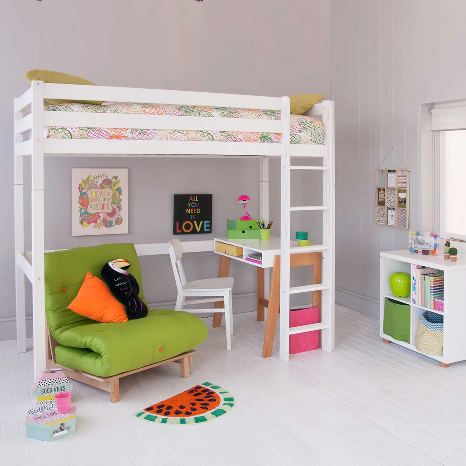 Buddy Childrens Beech Highsleeper Loft Bed With Desk, Storage Bookcase and Futon Chair Bed
