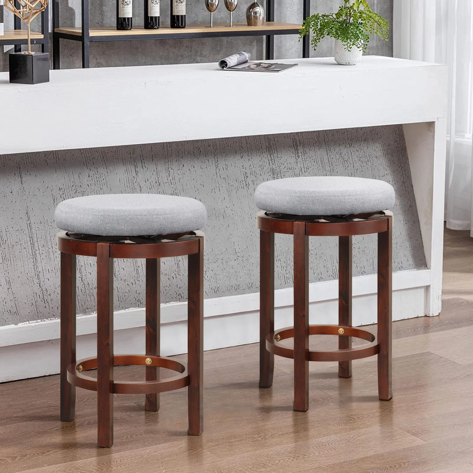 Costway Set of 2 Bar Stools Wooden Counter Height Chair 360° Swivel Kitchen Padded Seat in Grey 3