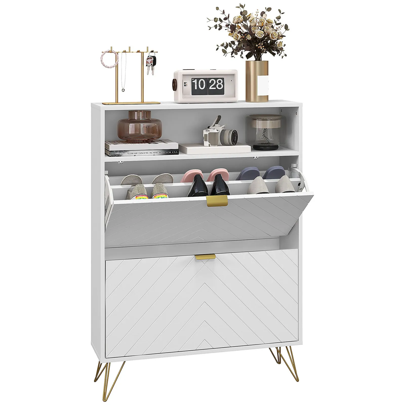 HOMCOM Slim Shoe Cabinet with 2 Flip Drawers Adjustable Shelves & Shelf in White 2