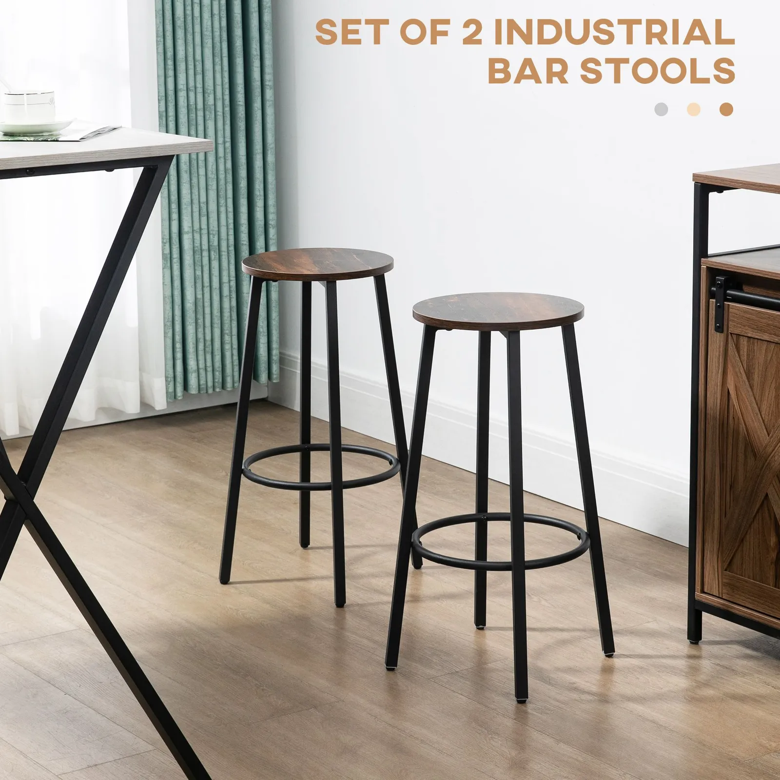 HOMCOM Industrial Bar Stools Set of 2 Breakfast Bar Stools with Footrest in Brown 4