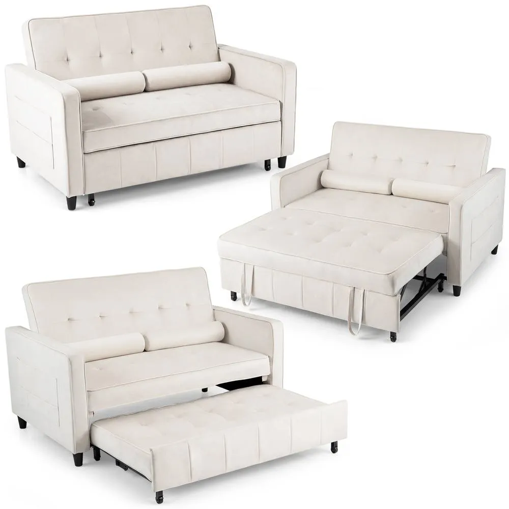Costway 3-in-1 Convertible Sleeper Sofa Bed Pull Out Velvet Couch Bed-Beige in Beige