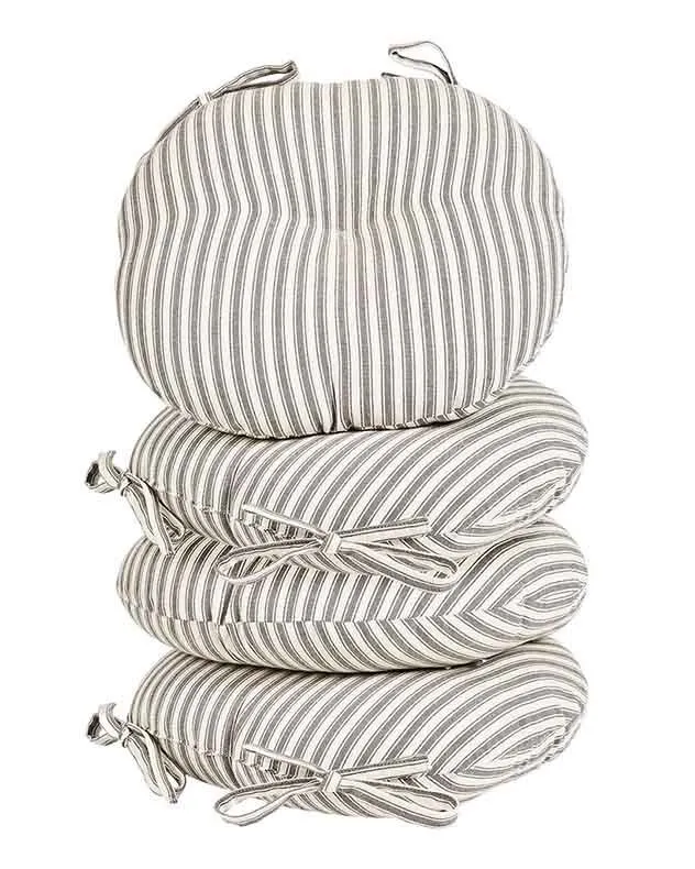 Dibor Set of 4 Grey Striped Round Summer Outdoor Garden Chair Seat Pad Cushions Dia 40cm