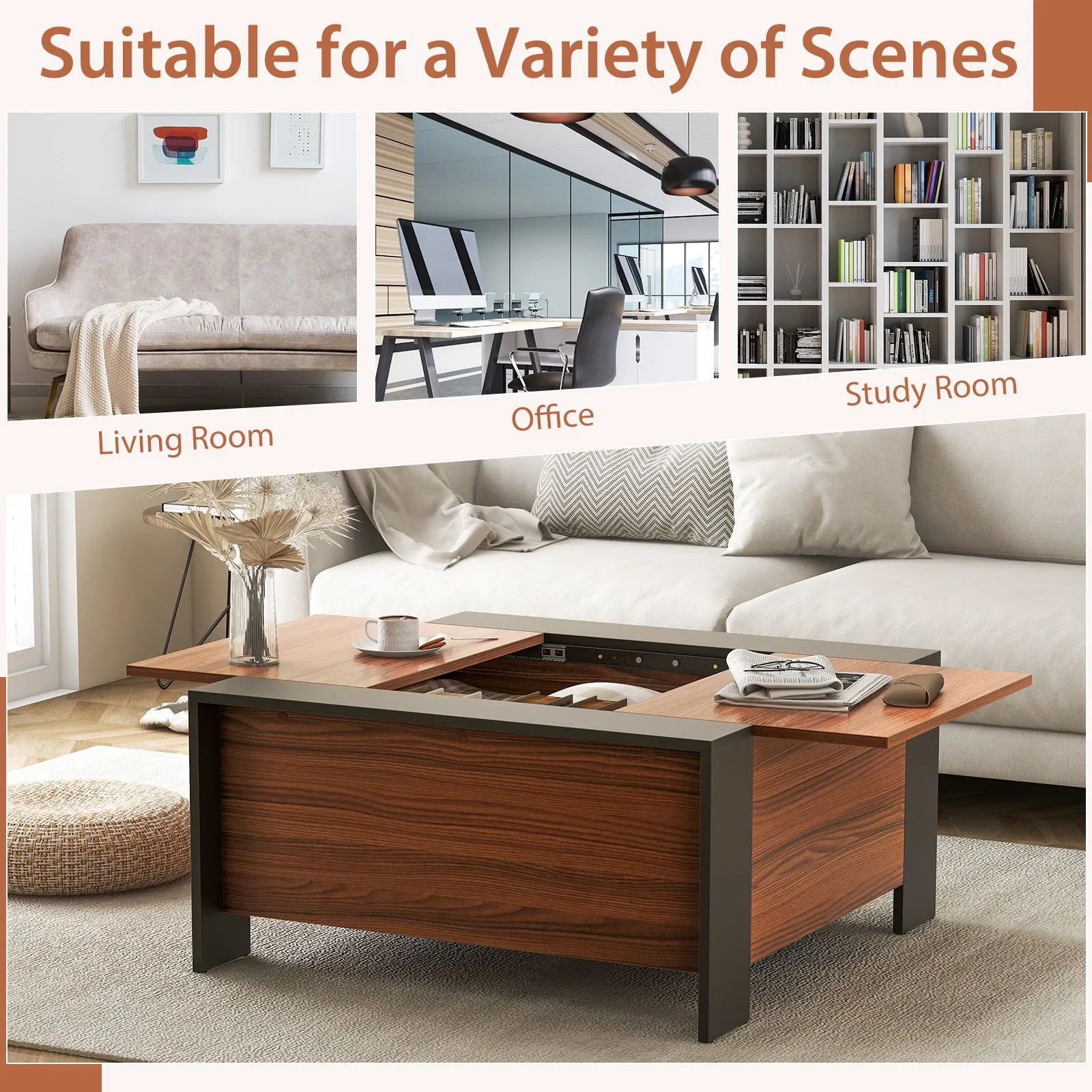 Costway 92 x 92cm Coffee Table w/ Sliding Top Square Center Table Extendable Cocktail Tea Table in Brown 6